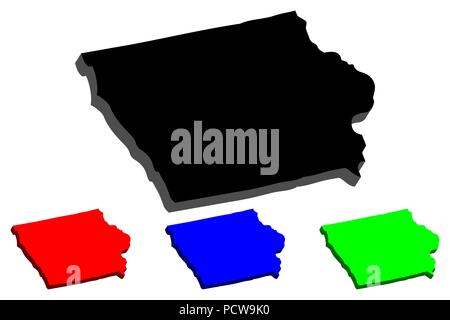 Mappa 3D di Iowa (Stati Uniti d'America, Hawkeye stato) - nero, rosso, blu e verde - illustrazione vettoriale Illustrazione Vettoriale