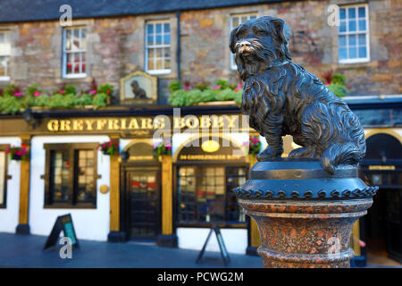 Statua di Greyfriars Bobby il famoso Skye Terrier cane e il pub chiamato dopo che su Candlemaker Row, Edimburgo, Scozia Foto Stock