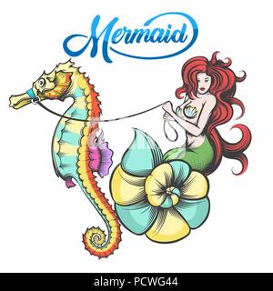 Redhair Mermaid nella shell controlla il cavallo di mare. Illustrazione Vettoriale. Illustrazione Vettoriale