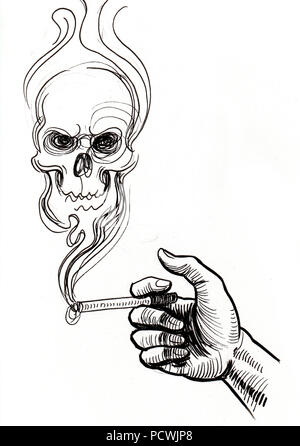 Una mano con il fumo di sigarette e il cranio. L'inchiostro bianco e nero disegno Foto Stock