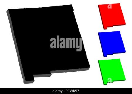 Mappa 3D di nuovo Messico (Stati Uniti d'America, terra di incanto) - nero, rosso, blu e verde - illustrazione vettoriale Illustrazione Vettoriale