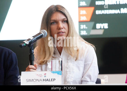 Montreal, Canada, 3 agosto 2018. Classificato come numero uno di tennis pro player sul circuito WTA Simona Halep in occasione di una conferenza stampa.Credit:Mario Beauregard/Alamy Live News Foto Stock