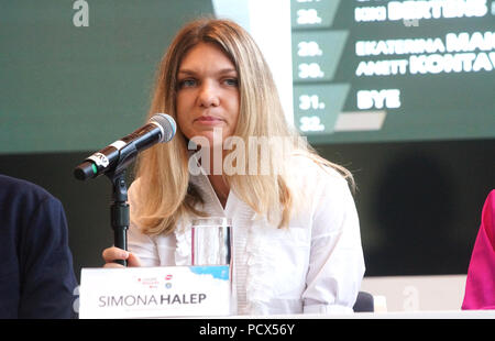 Montreal, Canada, 3 agosto 2018. Classificato come numero uno di tennis pro player sul circuito WTA Simona Halep in occasione di una conferenza stampa.Credit:Mario Beauregard/Alamy Live News Foto Stock