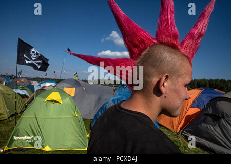 Mosca, Russia. 3rd, Agosto 2018. La musica russa ventole reagiscono durante un open-air concerto rock al festival "Nashestvie' (invasione) nel villaggio di Nizhneye Zavidovo, alcuni 150km da Mosca, Regione di Tver, Russia Foto Stock