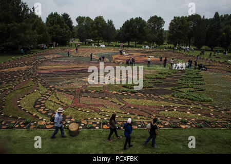 Tepotzotlan, Messico. Il 4° agosto 2018. Le persone fanno un 2.500 mq di tappeto di fiori durante la fiera dei fiori 2018 in Tepotzotlan, Messico, su Agosto 4, 2018. Credito: Miguel Tovar/Xinhua/Alamy Live News Foto Stock