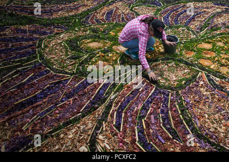 Tepotzotlan, Messico. Il 4° agosto 2018. Una donna fa un 2.500 mq di tappeto di fiori durante la fiera dei fiori 2018 in Tepotzotlan, Messico, su Agosto 4, 2018. Credito: Miguel Tovar/Xinhua/Alamy Live News Foto Stock