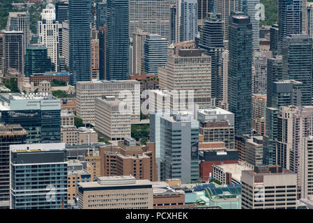 Toronto, Ontario, Canada. Guardando a Nord dalla parte superiore della CN Tower presso la giungla di cemento del centro cittadino. Foto Stock