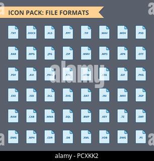 Formato file icona estensione pack. Video, audio, presentatio, testi, film. Illustrazione Vettoriale