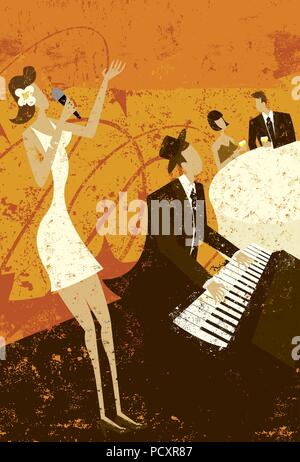 Club cantante un jazz club cantante con un pianoforte e un paio seduti ad un tavolo a bere un vino. Illustrazione Vettoriale