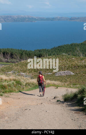 Passeggiando per il drammatico paesaggio del vecchio uomo di Storr di Skye in una calda giornata estiva. Nessuno in giro e la pace e la tranquillità. Foto Stock