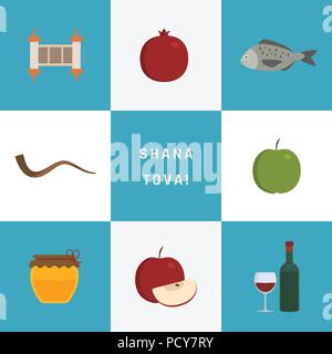 Rosh Hashanah appartamento design set di icone con il testo in inglese "hana Tova'. Illustrazione Vettoriale