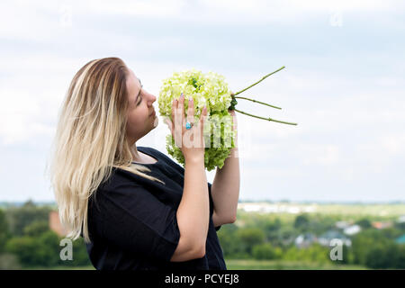 La donna lo sniffing di ortensie Foto Stock