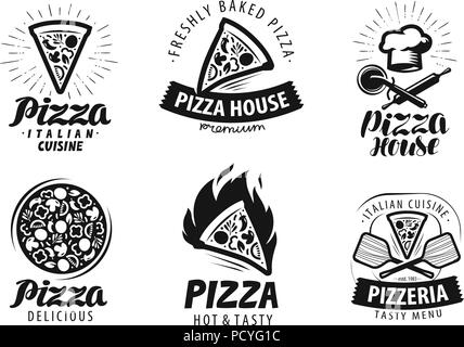 Pizza, pizzeria logo o etichetta. Cibo icon set. Illustrazione Vettoriale Illustrazione Vettoriale