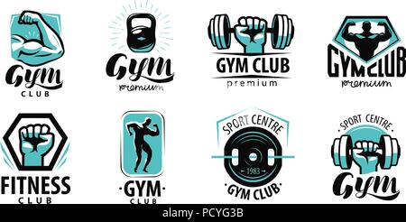 Centro fitness, palestra logo o etichetta. Sport, bodybuilding concetto. Illustrazione Vettoriale Illustrazione Vettoriale