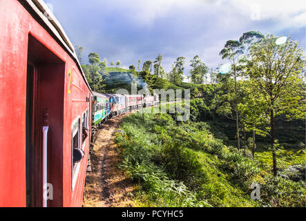 NUWARA ELIYA, SRI LANKA-DEC 29, 2016: treno passa attraverso la piantagione di tè in Nuwara Eliya quartiere sulla Dec 29, 2016 Lo Sri Lanka. Produzione di tè è uno dei Foto Stock