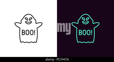 Silhouette di Ghost in stile contorno. Illustrazione Vettoriale di spirito con la frase Boo per Halloween holiday in bianco e nero e colore blu chiaro. Grafico isolato Illustrazione Vettoriale