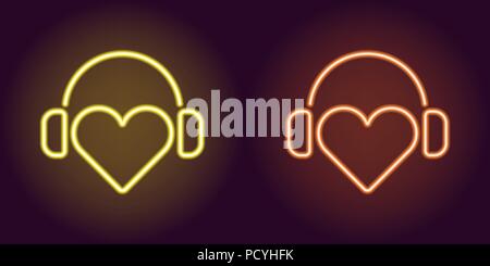 Cuore al neon con cuffie in giallo e arancione. Illustrazione Vettoriale di DJ Icona cuore con le cuffie in incandescente neon stile. L'elemento grafico per Illustrazione Vettoriale
