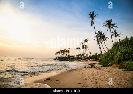 Paradiso tropicale idilliaco tramonto sulla spiaggia vicino Weligama, Sri Lanka. Foto Stock