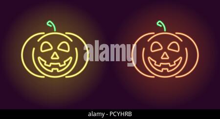 Tipo neon di zucca in giallo e arancione. Illustrazione Vettoriale icona della zucca di Halloween con tipo sorriso in incandescente neon stile. Grafico illuminato Illustrazione Vettoriale