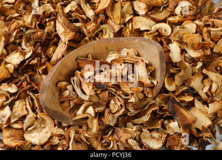 Ciotola di funghi secchi su sfondo di funghi Foto Stock