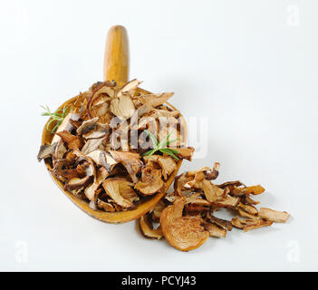 Scoop di funghi secchi su sfondo bianco Foto Stock