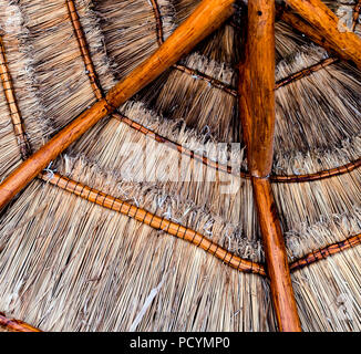 Vista dal basso di una paglia spiaggia tropicale parasol ombrello fatta naturalmente da legno e paglia in Messico nei Caraibi Foto Stock