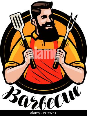 Barbeque, barbecue logo o etichetta. Chef o felice cuocere tenendo un grill spatola gli strumenti e la forcella. Fumetto illustrazione vettoriale Illustrazione Vettoriale