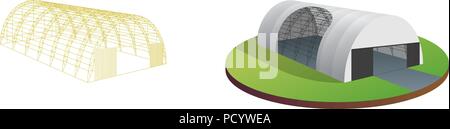 Tenda telone tenda magazzino provvisorio exhibition hall di tunnel aereo hangar. Fienile costruzione dell'edificio wireframe. Cancella il telaio di taglio. Vector isomet Illustrazione Vettoriale