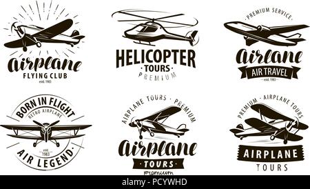 Aeromobile, Aereo, Elicottero logo o icona. Etichetta di trasporto impostato. Illustrazione Vettoriale Illustrazione Vettoriale