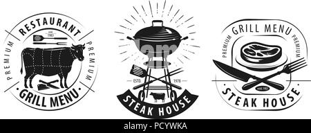 Steak house, barbecue logo o etichetta. Emblemi per il menu del ristorante di design. Illustrazione Vettoriale Illustrazione Vettoriale