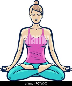 Felice ragazza seduta in lotus pongono. Yoga, concetto di fitness. Illustrazione Vettoriale Illustrazione Vettoriale