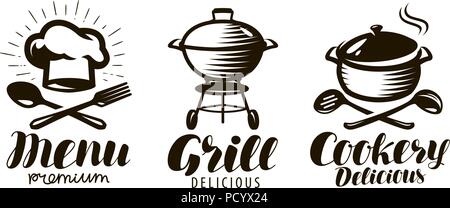 Cucina, grill, menu logo o etichetta. Concetto di cibo. Lettering illustrazione vettoriale Illustrazione Vettoriale