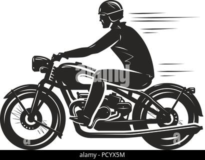 Biker cavalca un motociclo retrò, silhouette. Motorsport, moto concetto. Illustrazione Vettoriale Illustrazione Vettoriale