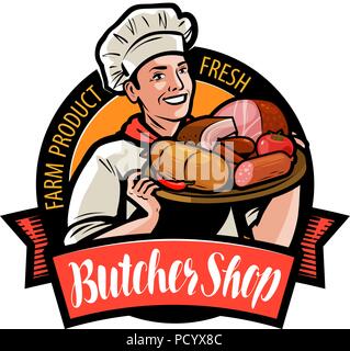 Butcher Shop logo o etichetta. Happy cook tenendo un vassoio con prodotti a base di carne. Fumetto illustrazione vettoriale Illustrazione Vettoriale