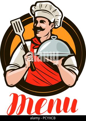 Lo Chef tenendo un vassoio, cloche. Design menu per un ristorante o bar. L'etichetta illustrazione vettoriale Illustrazione Vettoriale