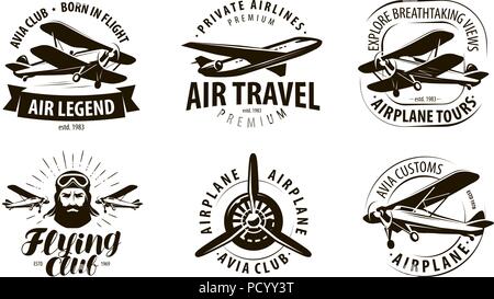 Aeromobili, aereo o logo etichetta. flying club, compagnie aeree icon set. disegno tipografica illustrazione vettoriale Illustrazione Vettoriale