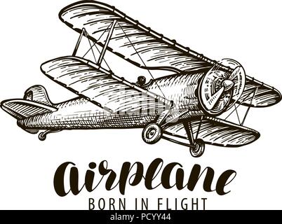 Volo aereo, biplanare. Schizzo Vintage illustrazione vettoriale Illustrazione Vettoriale