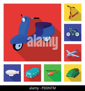 Diversi tipi di trasporto piana in icone insieme per il design. Auto e nave simbolo vettore illustrazione stock. Illustrazione Vettoriale