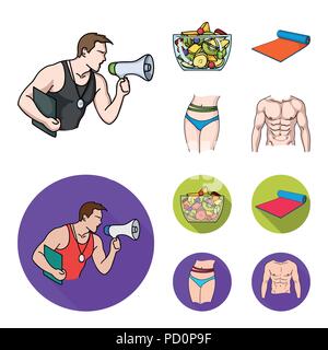 Personal trainer, insalata di frutta, mat, femmina in vita. Fitnes set di icone di raccolta in cartoon,stile piatto simbolo vettore illustrazione stock . Illustrazione Vettoriale