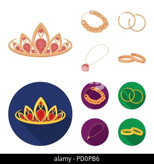 Tiara, catena d'oro, orecchini, pendenti con una pietra. Gioielli e Accessori set di icone di raccolta in cartoon,stile piatto simbolo vettore illustratio stock Illustrazione Vettoriale