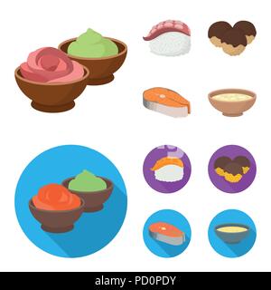 Salsa di rafano e ginger, bistecca di salmone, polpo. Sushi set di icone di raccolta in cartoon,stile piatto simbolo vettore illustrazione stock . Illustrazione Vettoriale