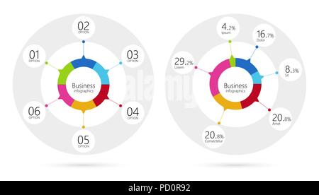 Infografico moderno template grafici a torta con 6 passaggi. Business modello di cerchio con opzioni per brochure, diagramma, flusso di lavoro, timeline. EPS vettoriali 10 Illustrazione Vettoriale