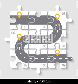 Viaggio su strada e il cammino percorso. 3D puzzle modello infografico con nove passaggi opzioni. Il concetto di Business modello grafico. EPS vettoriali 10 Illustrazione Vettoriale