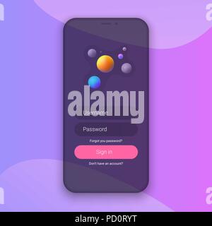 Nella schermata Accedi. Pulire UI di mobili di design. Applicazione di login con la password nella finestra di forma. Trendy gradienti olografico forme. EPS vettoriali 10 Illustrazione Vettoriale