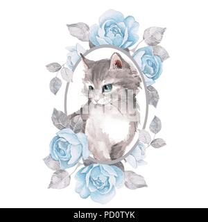 Cat. Carino gattino e rose. Illustrazione ad acquerello Foto Stock