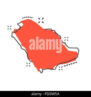 Vector cartoon Arabia Saudita icona Mappa in stile fumetto. Arabia Saudita segno illustrazione pittogramma. Cartografia mappa business effetto splash concept. Illustrazione Vettoriale