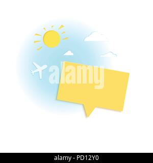 Vuoto discorso bolla scheda con nuvole, piano e sun papercut forme isolate. Modello per l'annuncio con la carta tagliata decorazione. Illustrazione Vettoriale. Illustrazione Vettoriale