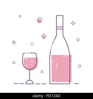 Wineglass e una bottiglia di vino, impostare isolati su sfondo bianco. Linea icona d'arte. Vector illustrator. Illustrazione Vettoriale