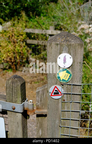 Scudetti su un palo di legno punto il modo per la East Devon modo sentiero pubblico a Exmouth, Devon, Inghilterra, Regno Unito Foto Stock
