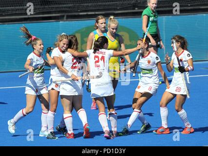 Londra, Regno Unito. 05 Ago, 2018. Gli spagnoli celebrano il loro terzo obiettivo. Australia V SPAGNA. Match 35. Medaglia di bronzo corrispondono. Womens Hockey World Cup 2018. Lee Valley hockey center. Queen Elizabeth Olympic Park. Stratford. Londra. Regno Unito. 05/08/2018. Credito: Sport In immagini/Alamy Live News Foto Stock